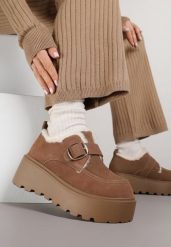 Brązowe Śniegowce na Platformie z Paskiem ze Sprzączką i Futrem Unweda. Brązowe śniegowce damskie Renee, z jeansu, bez zapięcia. Za 129.99 zł.