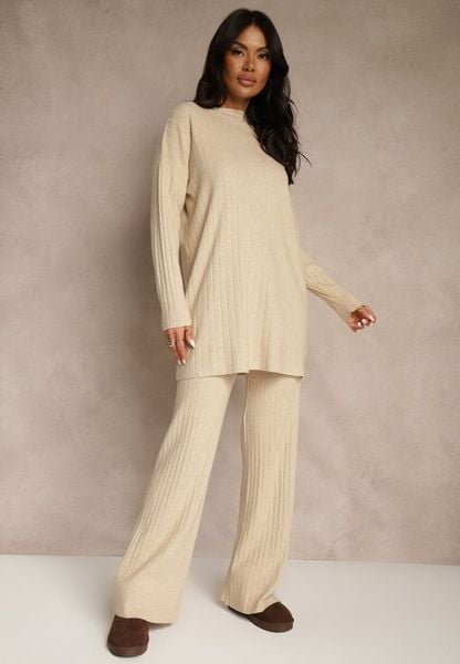 Beżowy Komplet Prążkowany z Bawełną Sweter Oversize i Szerokie Spodnie Wedorena. Brązowe swetry nierozpinane damskie Renee, bez wzorów, z bawełny, bez kołnierzyka, bez ramiączek. Za 129.99 zł.