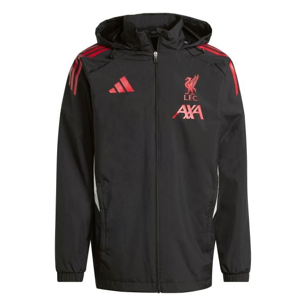 Kurtka dresowa zewnętrzna Liverpool FC 2025/26. Czarne kurtki męskie Adidas, bez wzorów, z dresówki, sportowe, bez kaptura. Za 515.00 zł.