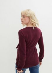 Sweter ciążowy z 100% bawełny, z wiązanym paskiem. Czarne swetry nierozpinane damskie bonprix, bez wzorów, z bawełny, bez kołnierzyka, moda ciążowa, bez ramiączek. Za 99.99 zł.