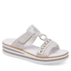 Klapki Rieker. Szare klapki damskie Rieker, bez wzorów, bez obcasa, bez zapięcia. Za 299.99 zł.
