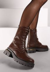 Brązowe Botki Workery na Grubej Podeszwie ze Sznurowaniem Giordana. Brązowe botki damskie Born2be, bez wzorów, z jeansu, eleganckie, bez obcasa, na płaskiej podeszwie, bez zapięcia. Za 169.99 zł.