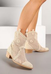Jasnobeżowe Ażurowe Botki w Stylu Kowbojek na Stożku ze Skórzaną Wkładką Xalozi. Brązowe botki damskie Born2be, na lato, w ażurowe wzory, eleganckie, bez obcasa, na obcasie, bez zapięcia. Za 149.99 zł.