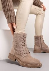 Beżowe Botki Workery z Ozdobnym Futerkiem Sinuas. Brązowe botki damskie Renee, na jesień, bez wzorów, bez obcasa, na płaskiej podeszwie, bez zapięcia. Za 159.99 zł.