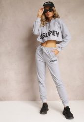 Szary 3-częściowy Komplet z Topem Bluzą i Spodniami Dresowymi Klomenna. Szare bluzy damskie Renee, l, bez wzorów, z dresówki, sportowe, bez ramiączek, bez kaptura. Za 139.99 zł.