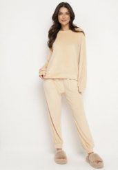 Beżowy Komplet Dresowy z Welurowej Dzianiny Bluza i Joggery Iramba. Brązowe bluzy damskie Born2be, l, bez wzorów, z dresówki, bez ramiączek, bez kaptura. Za 79.99 zł.
