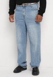 Niebieskie Szerokie Jeansy z Bawełny Ozdobione Paskiem Lerillis. Niebieskie jeansy męskie Born2be, z bawełny, eleganckie. Za 129.99 zł.