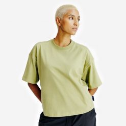 Koszulka Crop damska. Zielone koszulki sportowe damskie Decathlon, s, bez wzorów, z bawełny, bez ramiączek. Za 54.99 zł.