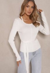 Biały Wiskozowy Sweter Wiązany w Talii z Asymetrycznym Dekoltem Kornelita. Białe swetry nierozpinane damskie Renee, m, bez wzorów, z jeansu, casualowe, z asymetrycznym kołnierzem, bez ramiączek. Za 74.99 zł.