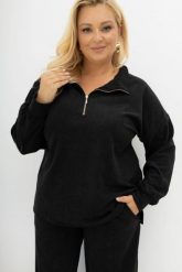 Oversizowa prążkowana czarna bluza Good Day Ahead z kołnierzem i zamkiem Plus Size Oversize. Czarne bluzy damskie Moda Size Plus Iwanek, l, bez wzorów, z dzianiny, biznesowe, bez ramiączek, bez kaptura. Za 219.90 zł.