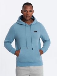 Męska dresowa bluza kangurka z kapturem i metalowym pinem – błękitna V4 OM-SSNZ-0141 - XXL. Niebieskie bluzy męskie Ombre Clothing, l, bez wzorów, z bawełny, z kapturem. W wyprzedaży za 89.99 zł.