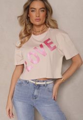 Ciemnobeżowy Krótki T-shirt Oversize z Bawełny z Ozdobnym Napisem Sanillva. Brązowe t-shirty damskie Renee, m, bez wzorów, z bawełny, bez kołnierzyka, bez ramiączek. Za 39.99 zł.
