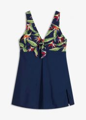 Sukienka kąpielowa shape, średni stopień modelowania sylwetki. Niebieskie sukienki damskie bonprix, na plażę, bez wzorów, eleganckie, bez kołnierzyka, bez ramiączek. Za 159.99 zł.