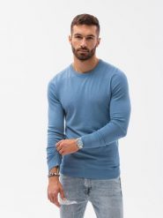 Sweter męski klasyczny z wiskozą BASIC z okrągłym dekoltem – błękitny V10 - Rozmiar: XL. Niebieskie swetry męskie Ombre Clothing, m, bez wzorów, z wiskozy, klasyczne, bez kołnierzyka, bez ramiączek. W wyprzedaży za 89.99 zł.