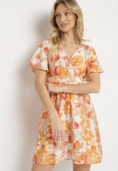 Pomarańczowa Sukienka z Kopertowym Dekoltem z Wiskozą w Kwiaty Sovedia. Brązowe sukienki damskie Born2be, na lato, l, bez wzorów, z wiskozy, eleganckie, bez kołnierzyka, bez ramiączek, mini, kopertowe. Za 49.99 zł.
