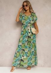 Zielono-Czarna Maxi Sukienka z Wiskozy w Kwiatowy Print ze Sznurkiem w Talii Anukka. Zielone sukienki damskie Renee, l, bez wzorów, z wiskozy, bez kołnierzyka, bez ramiączek, maxi. Za 49.99 zł.