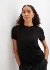 T-shirt z aplikacją z perełek. Czarne t-shirty damskie bonprix, z aplikacjami, bez kołnierzyka, bez ramiączek. Za 84.99 zł.