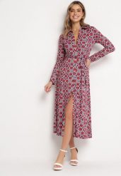 Czerwono-Biała Taliowana Sukienka Maxi z Materiałowym Paskiem w Geometryczny Print Filint. Niebieskie sukienki damskie Born2be, l, bez wzorów, z materiału, bez kołnierzyka, bez ramiączek, maxi. Za 179.99 zł.