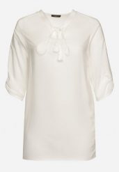 Biała Wiązana Tunika Ozdobiona Troczkami Eviras. Białe tuniki damskie Born2be, xl, z aplikacjami, z jeansu, eleganckie, bez ramiączek. Za 44.99 zł.