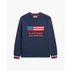 Damski sweter z okrągłym dekoltem Superdry Americana. Niebieskie swetry nierozpinane damskie Superdry, na zimę, bez wzorów, eleganckie, bez kołnierzyka, bez ramiączek. Za 343.00 zł.