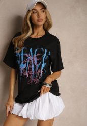 Czarna Bawełniana Koszulka z Nadrukiem Savileine. Czarne bluzki damskie Renee, l, bez wzorów, z bawełny, eleganckie, bez kołnierzyka, bez ramiączek. Za 29.99 zł.