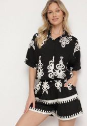Czarny Komplet w Stylu Rustykalnym Koszula i Szorty Tosmire. Czarne koszule damskie Born2be, m, bez wzorów, bez kołnierzyka, bez ramiączek. Za 84.99 zł.