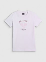 4F T-shirt regular z nadrukiem damski - biały XS. Białe t-shirty damskie 4F, xs, bez wzorów, z bawełny, bez kołnierzyka, bez ramiączek. Za 59.99 zł.