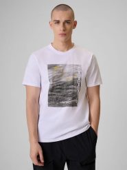 4F T-shirt regular z nadrukiem męski - biały L. Białe t-shirty męskie 4F, l, bez wzorów, z bawełny, bez kołnierzyka, bez ramiączek. Za 79.99 zł.