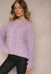Fioletowy Sweter z Wełną Ozdobiony Tłoczeniem Ecrisevia. Fioletowe swetry nierozpinane damskie Renee, bez wzorów, z jeansu, casualowe, bez kołnierzyka, bez ramiączek. Za 69.99 zł.