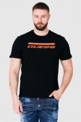 GUESS Czarny t-shirt męski z pomarańczowym logo. Czarne t-shirty męskie Guess, m, z aplikacjami, bez kołnierzyka, bez ramiączek. W wyprzedaży za 119.99 zł.