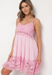 Różowa Rozkloszowana Sukienka w Haftowany Wzór Mavironne. Czerwone sukienki damskie Born2be, na imprezę, s, bez wzorów, eleganckie, bez kołnierzyka, bez ramiączek, mini, rozkloszowane. Za 89.99 zł.