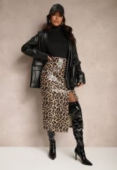 Brązowa Ołówkowa Spódnica High Waist w Panterkę z Rozcięciem Tamionwea. Brązowe spódnice damskie Renee, na co dzień, l, bez wzorów, eleganckie, z podwyższonym stanem, midi, koszulowe. Za 139.99 zł.