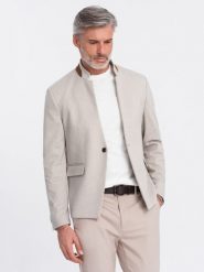 Melanżowa męska marynarka z dodatkiem rayonu ze stójką – beżowy melanż V3 OM-BLZB-0131 - XXL. Brązowe garnitury męskie Ombre Clothing, l, bez wzorów, z materiału, casualowe. Za 257.99 zł.