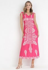 Fuksjowa Sukienka w Stylu Boho z Gumką w Talii i Sznurkami przy Ramionach Niree. Czerwone sukienki damskie Born2be, na imprezę, l, bez wzorów, boho, bez kołnierzyka, bez ramiączek, maxi. Za 64.99 zł.