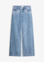 Jeansy wide leg, mid waist, z bawełny. Niebieskie jeansy damskie bonprix, z aplikacjami, z bawełny. Za 122.99 zł.