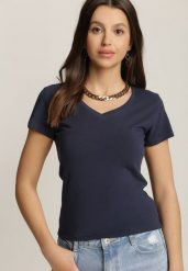 Granatowy T-shirt Mirasura. Niebieskie t-shirty damskie Renee, l, bez wzorów, z dzianiny, bez kołnierzyka, bez ramiączek. Za 19.99 zł.