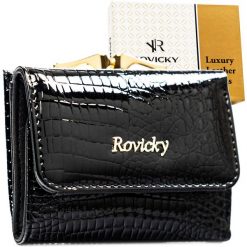 Mały, czarny portfel damski ze skóry naturalnej z systemem RFID - Rovicky. Czarne portfele damskie ROVICKY, z lakierowanej skóry. Za 99.00 zł.