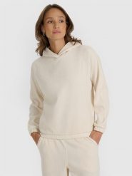 4F Bluza dresowa nierozpinana z kapturem damska - biała S. Białe bluzy damskie 4F, s, bez wzorów, z dresówki, bez ramiączek, z kapturem. W wyprzedaży za 59.99 zł.