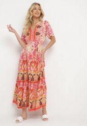 Czerwona Wiskozowa Sukienka Boho Zapinana na Guziki z Materiałowym Paskiem w Talii Dimovana. Czerwone sukienki damskie Born2be, na co dzień, l, z aplikacjami, z materiału, boho, bez kołnierzyka, bez ramiączek, maxi, proste. Za 89.99 zł.