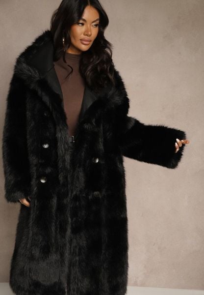 Czarny Dwurzędowy Płaszcz Futerko o Dwustronnym Kroju z Kołnierzem Nalaneva. Czarne płaszcze damskie Renee, l, bez wzorów, z futra, eleganckie, bez kołnierzyka, bez kaptura. Za 449.99 zł.