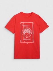 4F T-shirt regular z nadrukiem siatkarskim męski - czerwony S. Czerwone koszulki sportowe męskie 4F, l, bez wzorów, z bawełny, bez ramiączek, do siatkówki. Za 69.99 zł.