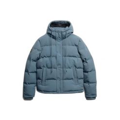 Kurtka puchowa Superdry Everest. Niebieskie kurtki męskie Superdry, xl, z aplikacjami, z materiału, klasyczne, z kapturem. Za 723.05 zł.