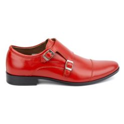 Olivier Skórzane buty wizytowe Monki 306LU czerwone. Czerwone buty wizytowe męskie bez wzorów, z jeansu, bez obcasa, bez zapięcia. Za 367.89 zł.