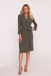 Elegancka sukienka ołówkowa kopertowa z wiązaniem khaki. Brązowe sukienki damskie Stylove, do pracy, l, bez wzorów, z elastanu, biznesowe, bez kołnierzyka, bez ramiączek, midi, dopasowane. Za 449.00 zł.