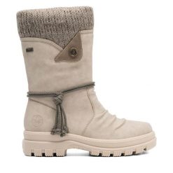 Kozaki Rieker. Brązowe kozaki damskie Rieker, bez wzorów, bez obcasa, na płaskiej podeszwie, bez zapięcia. Za 363.99 zł.
