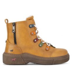 Botki Mustang. Żółte botki damskie Mustang, bez wzorów, bez obcasa, na płaskiej podeszwie, bez zapięcia. Za 303.99 zł.