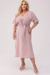 Sukienka Lenora w kolorze pastelowego różu - Elegancja w naturalnym stylu PLUS SIZE OVERSIZE XXL. Czerwone sukienki damskie Moda Size Plus Iwanek, na co dzień, l, bez wzorów, ze lnu, eleganckie, bez kołnierzyka, plus size, bez ramiączek, midi, dopasowane. W wyprzedaży za 269.90 zł.