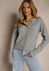 Szary Rozpinany Kardigan z Wełną Kornelira. Szare kardigany damskie Renee, bez wzorów, z jeansu, eleganckie, bez kołnierzyka. Za 139.99 zł.