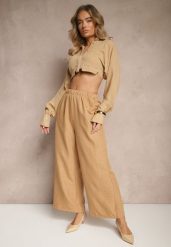 Ciemnobeżowe Spodnie Typu Palazzo High Waist o Szerokim Kroju Arathira. Brązowe spodnie materiałowe damskie Renee, bez wzorów, z jeansu, eleganckie, z podwyższonym stanem. Za 39.99 zł.
