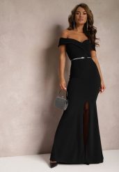 Czarna Taliowana Sukienka Maxi z Rozcięciem Perlina. Czarne sukienki damskie Renee, l, bez wzorów, eleganckie, bez kołnierzyka, bez ramiączek, maxi, rozkloszowane. Za 149.99 zł.